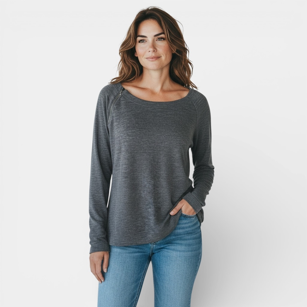 Lole Gray Long Sleeve Top Boat Neckline Relaxed Fit Zipper Accent Women Size M